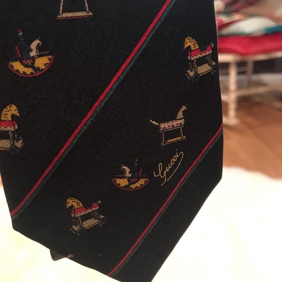 Rare Gucci vintage Christmas tie rocking horses adorable dark navy blue … - Picture 1 of 15